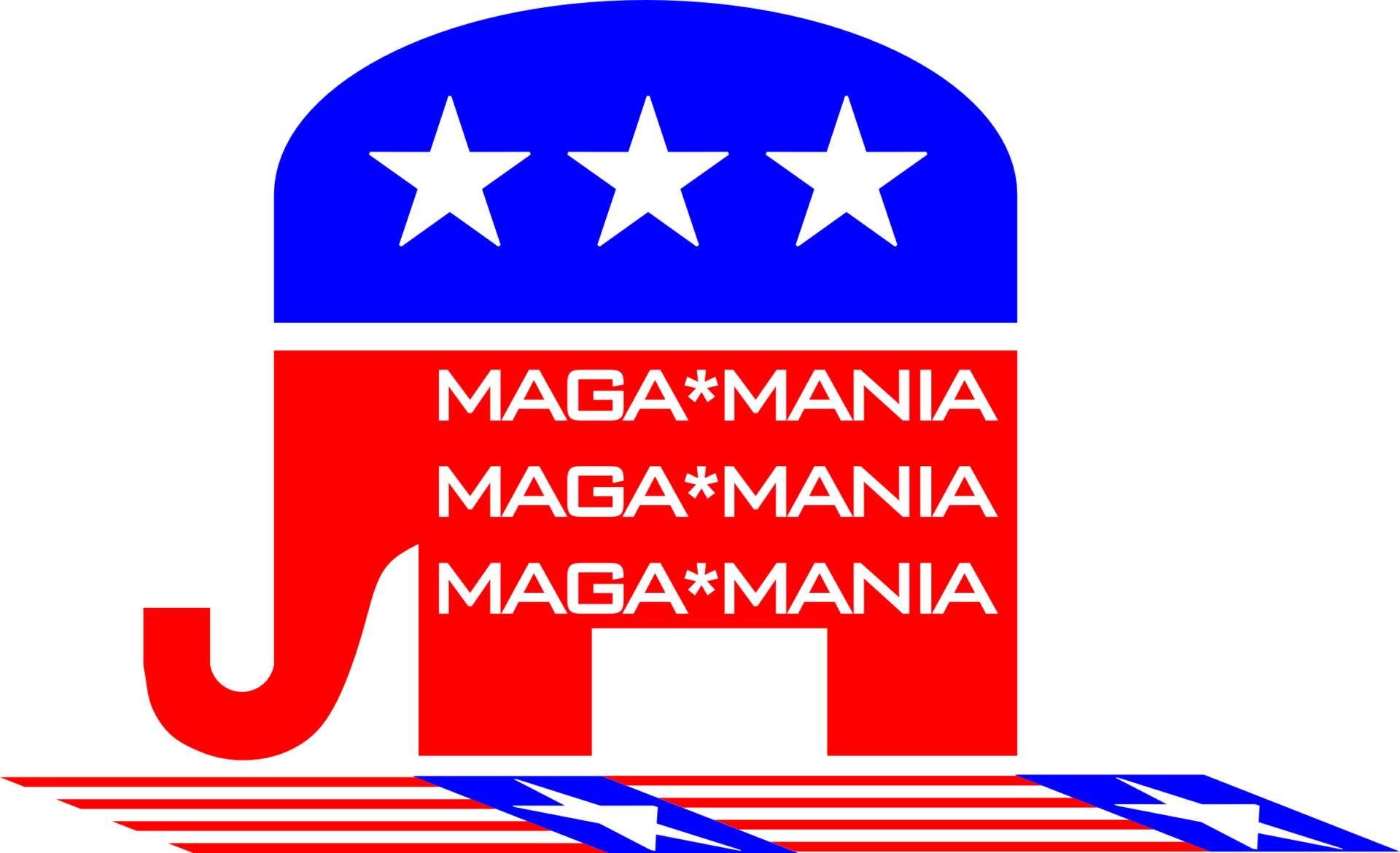 LOGO of a MAGA MANIA elephant stamping out the American Flag.
